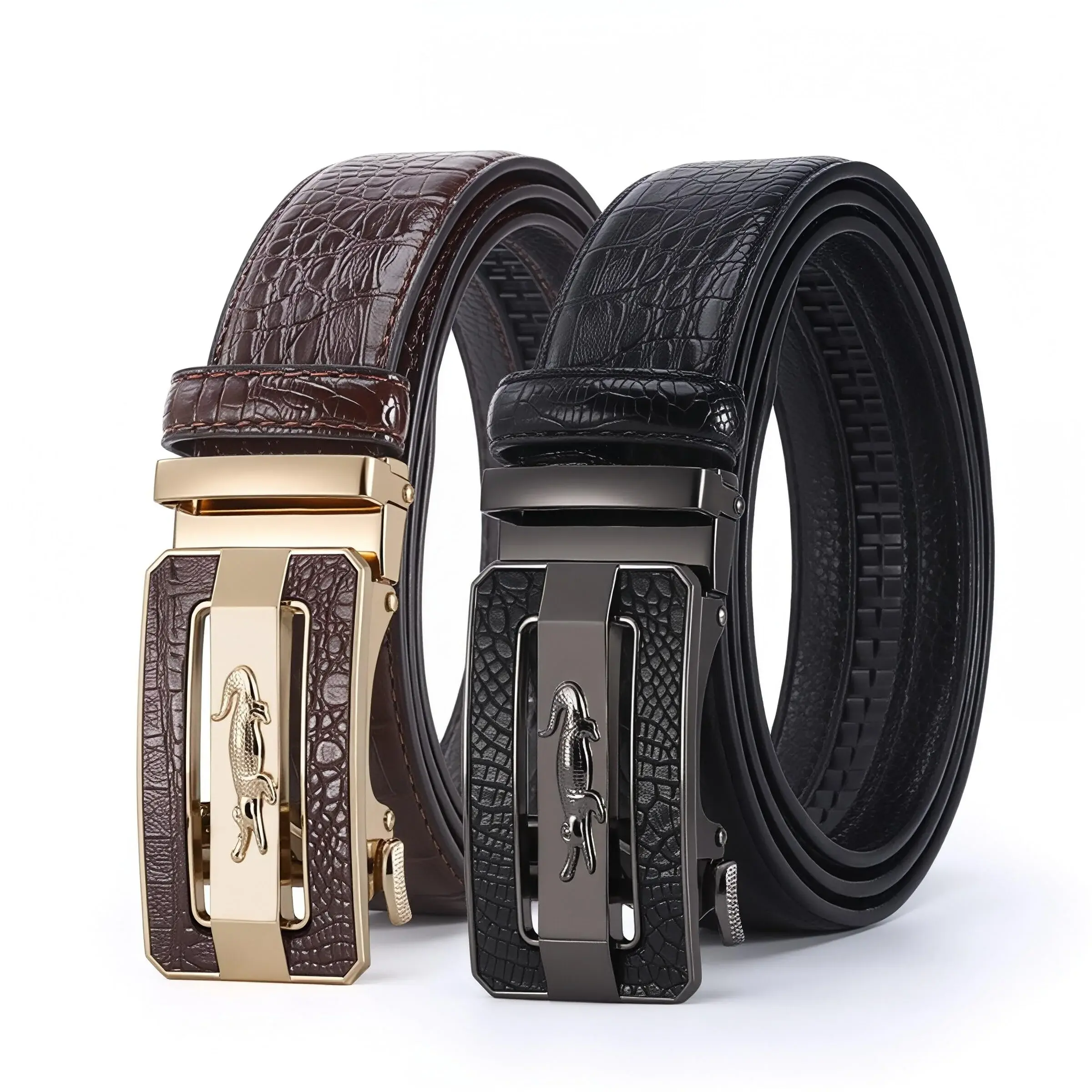 Luxury Crocodile Pattern Leather Belt with Automatic Buckle, Black and Brown, Gold and Gunmetal Buckle, Ratchet Design