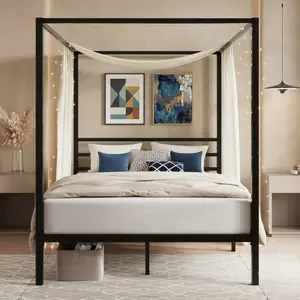 Full Queen Size 4-Post Metal Canopy Bed Frame, Black Platform Bed with 12.4in Underbed Storage, 1000lbs Capacity Metal Slats Support, No Box Spring Needed, Easy Assembly Bedroom Furniture