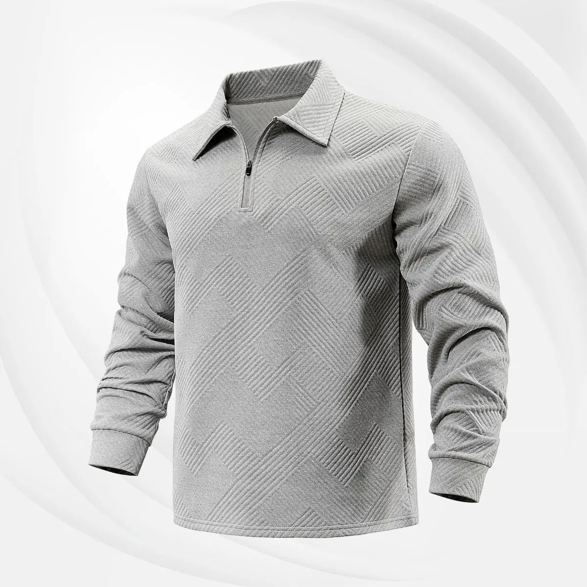 Men's Beige Fitted Medium Fit Long-Sleeve Pique Polo Shirt - Menswear, Geometric Pattern, Casual Comfortable Fashionable Top for Spring, Autumn Aesthetic