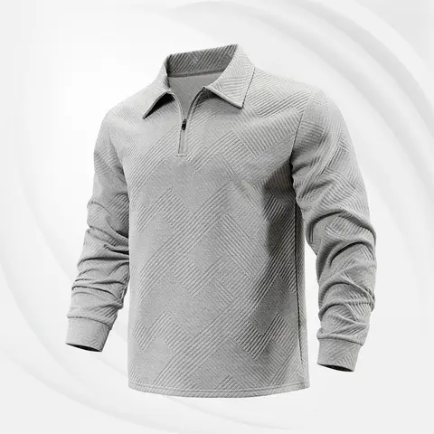 Men's Beige Geometric Pattern Fitted Long-Sleeve Pique Polo Shirt with Zip - Casual, Comfortable Men's Clothing Long Sleeve Shirt for Spring, Autumn Aesthetic