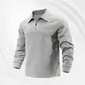 Men's Beige Geometric Pattern Fitted Long-Sleeve Pique Polo Shirt with Zip - Casual, Comfortable Men's Clothing Long Sleeve Shirt for Spring, Autumn Aesthetic