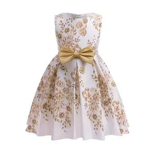 Sleeveless Princess Dress Toddler girl Gold Dress For 2-10Y Girls Floral Print Crew Neck Front Bow Dress For Party Performance ZT-8822