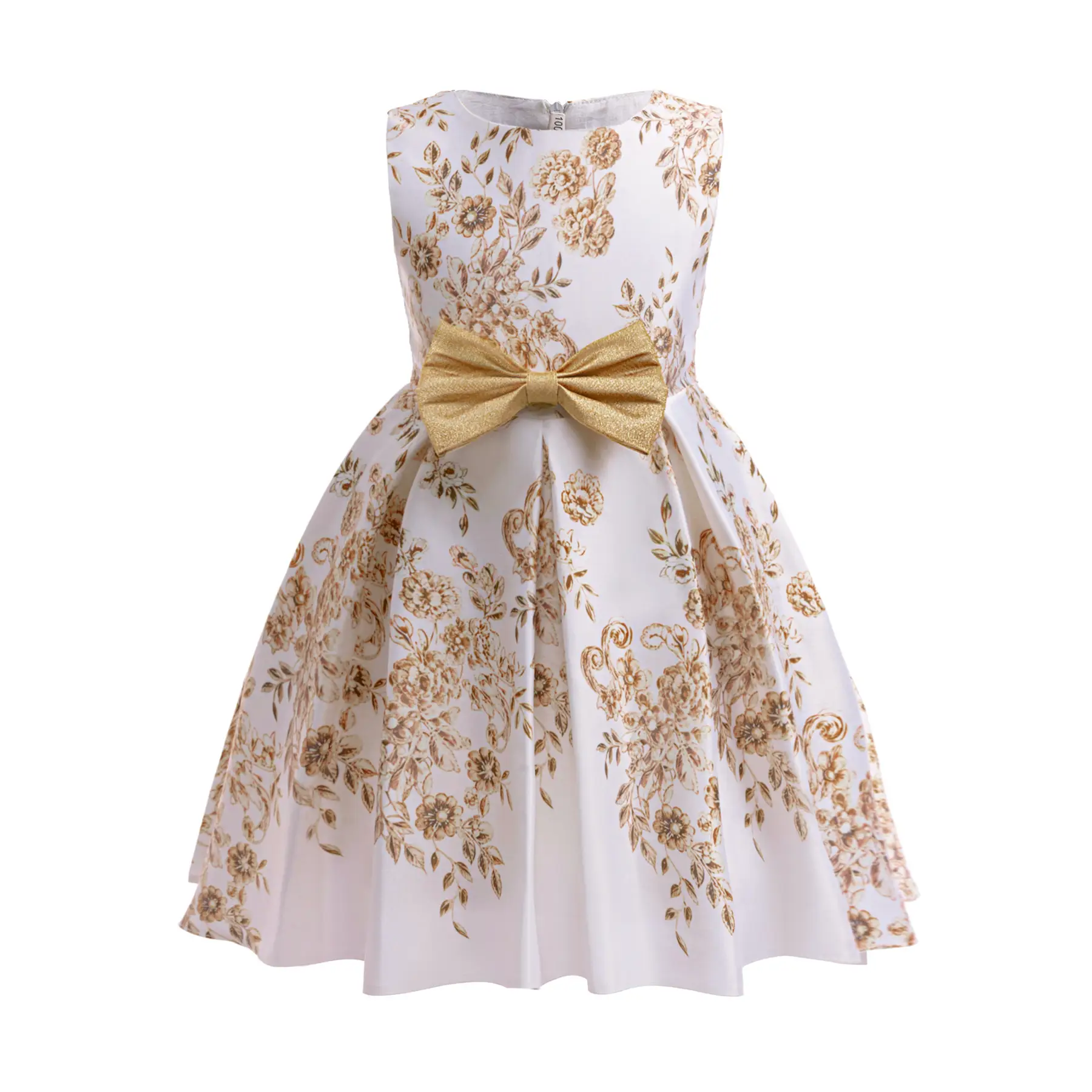 Sleeveless Princess Dress Toddler girl Gold Dress For 2-10Y Girls Floral Print Crew Neck Front Bow Dress For Party Performance ZT-8822