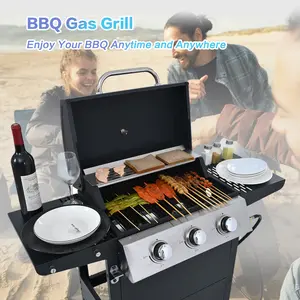 Propane Gas Grill 3 Burner Barbecue Grill, Stainless Steel 26,000 BTU Patio Garden Barbecue Grill with Two Foldable Shelves