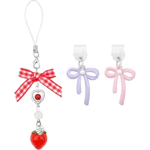 Phone Charm Set 3 PCS,2 PCS Bow Dust Plugs Type C for Kindle+1 PCS Strawberry Phone Charm Anti Dust Plugs Kindle Accessories for Book Lovers Gifts Phones Decor