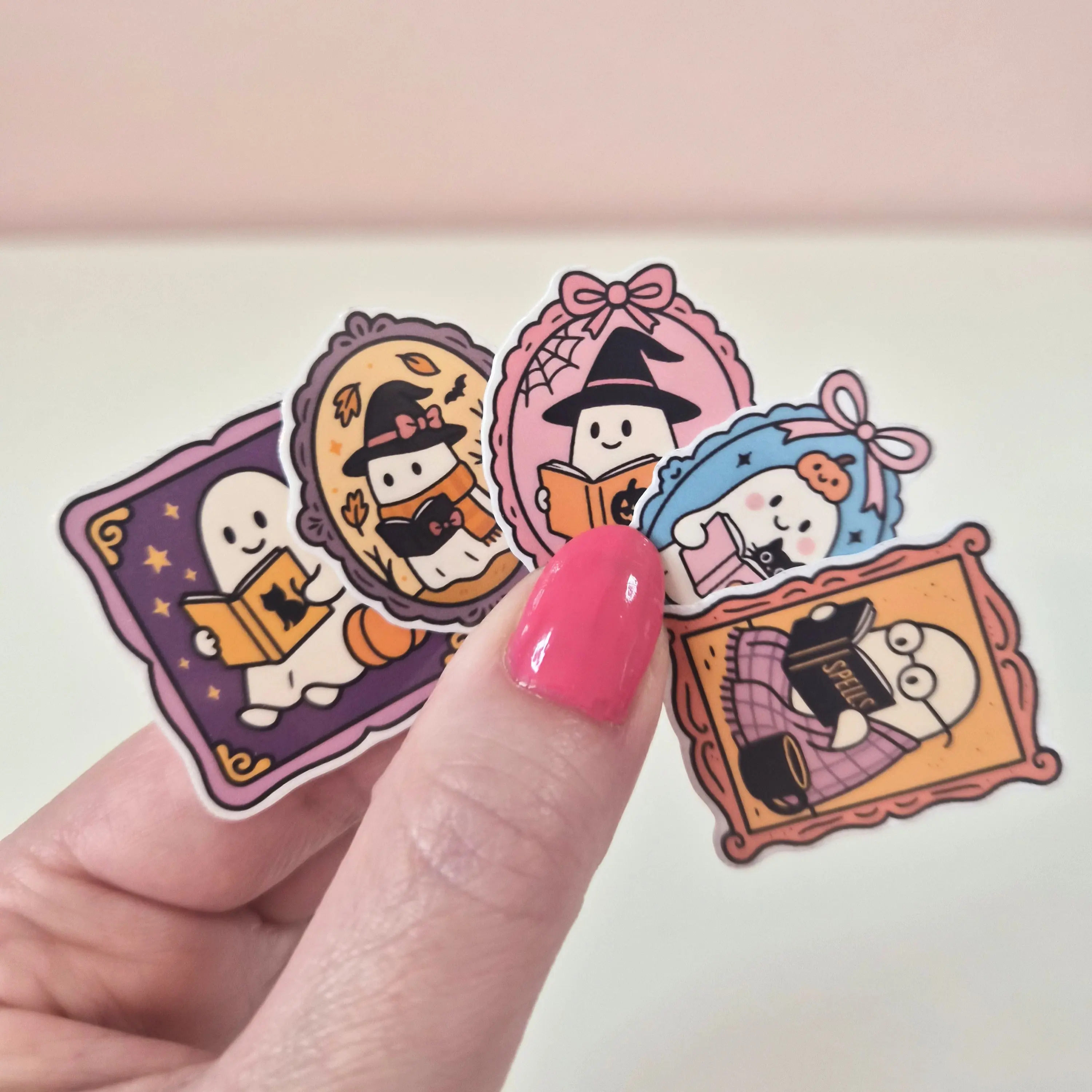 5 Ghost Reading Books Coquette Stamp style Sticker's - Waterproof Glitter or Glossy Stickers 1.25" each sticker Size for Kindle Book or Tablet Durable Stylish Design