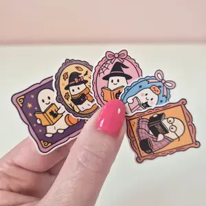 5 Ghost Reading Books Coquette Stamp style Sticker's - Waterproof Glitter or Glossy Stickers 1.25" each sticker Size for Kindle Book or Tablet Durable Stylish Design