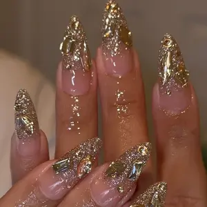 24pcs Long Almond Shape Nails, Nude Base with Champagne Gold Glitter, High Adhesion, No Bake, Perfect for Special Occasions and Daily Wear