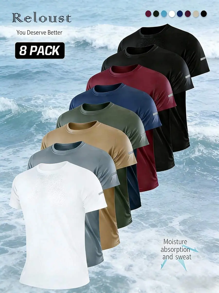 RELOUST 8PCS Men's Running Shirts Dry Fit Athletic Gym Workout T-Shirts, Breathable Cooling Quick-Drying Sport Tops, Moisture Wicking Performance Tee, Mens Clothes Essential, Butfits For Men, Gifts For Boyfriend Camiseta Para Hombre