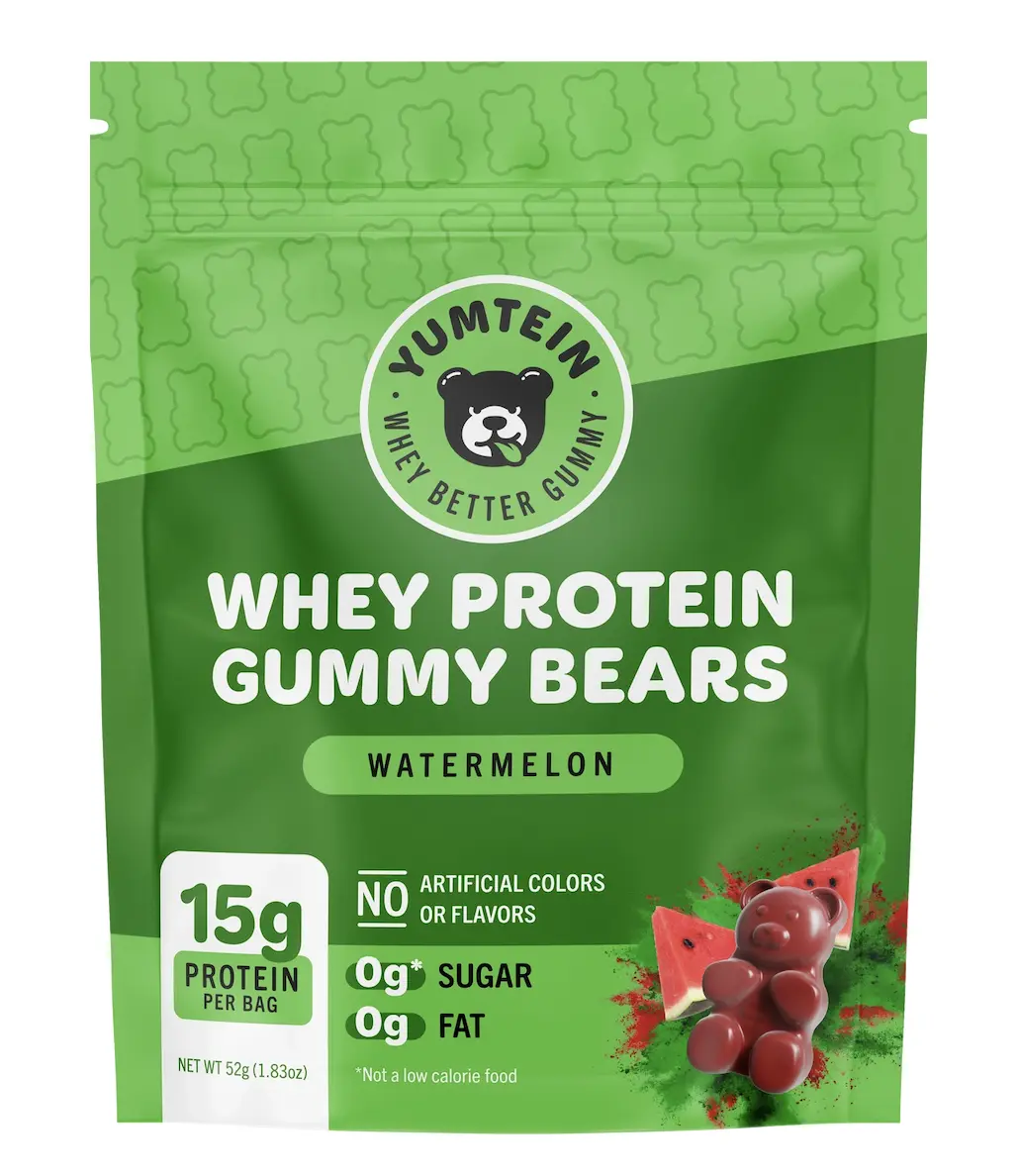 Yumtein Sugar-Free Watermelon Protein Gummy Bears - 1.81oz Chewable Gelatin Jelly Supplement Snack with Glycerin, Vegetable Juice, 10-19g Muscle Energy for Adults, Better for You Candy Athletic Fitness Support