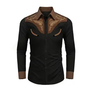 Men’s Stylish Embroidered Western-Style Flannel Shirt – Brown & Black with an intricate leaf pattern, long sleeves, casual wear | Western-style shirt | Durable fabric