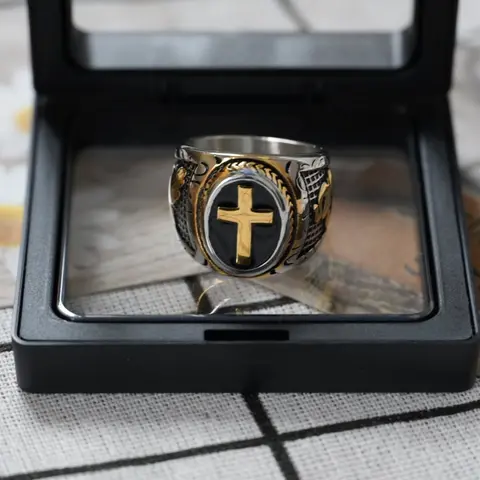 [Father's Day Gift] Men's Religious Praying Hands Cross Ring, Metallic Stainless Steel Faith Symbol Jewelry, Daily Graphic Men's Accessories for Dad, Elegant Party Favor
