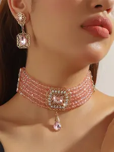 Vintage Handmade Beaded Crystal Necklace and Hollow Earring Set, Elegant Jewelry for Women, Perfect for Parties and Weddings