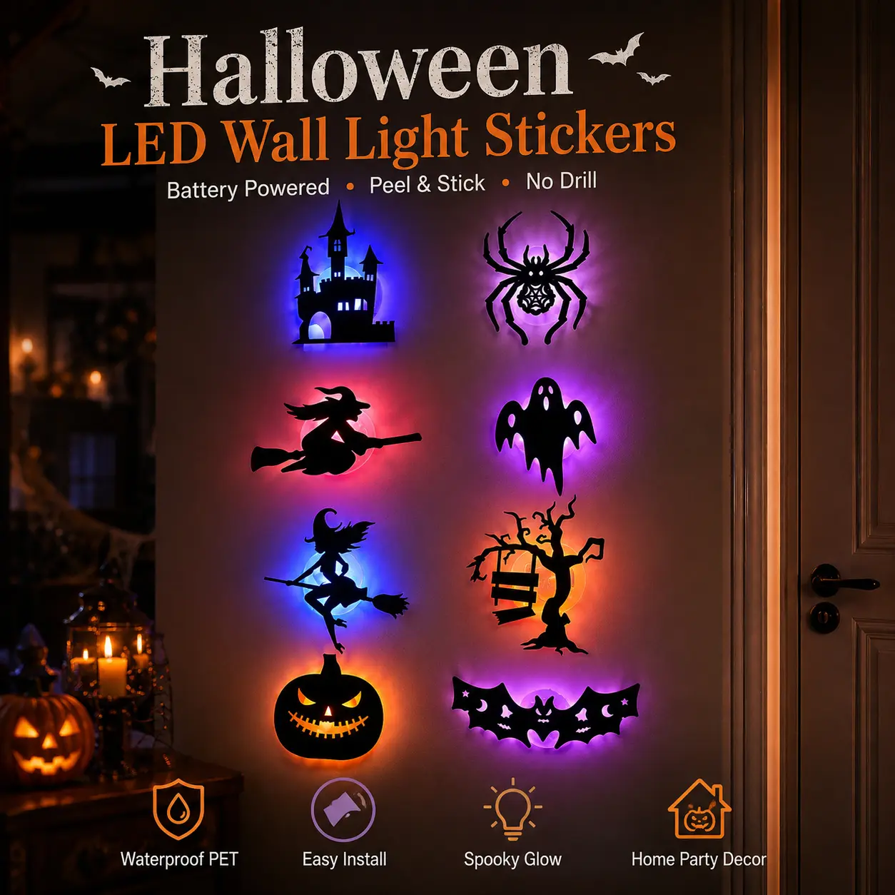 Halloween LED Silhouette Wall Light Stickers, Battery Powered Peel & Stick Decor Lights, No Drill PET Waterproof Wall Decor, Spooky Ghost Pumpkin Witch Bat Castle Spider Tree Ornaments for Home Window Door Party, 9/18/27 Pack Available