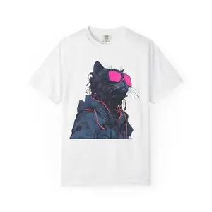 Men's Cotton Knit Short Sleeve Casual T-Shirt - Soft Menswear Streetwear Top with Cool Cat in Pink Sunglasses, Retro Cat Portrait Design