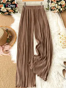 New Women’s Striped Pleated Ruffle Design Casual Wide Leg Pants, Trendy Long Pants for Stylish Spring, Casual Beach Pants, Comfortable and Chic Ladies Fashion