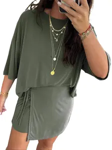 Women's Casual 2 Piece Outfits, Oversized Short Sleeve Tee & Tie Wrap Mini Skort Set, Comfortable Matching Lounge Set
