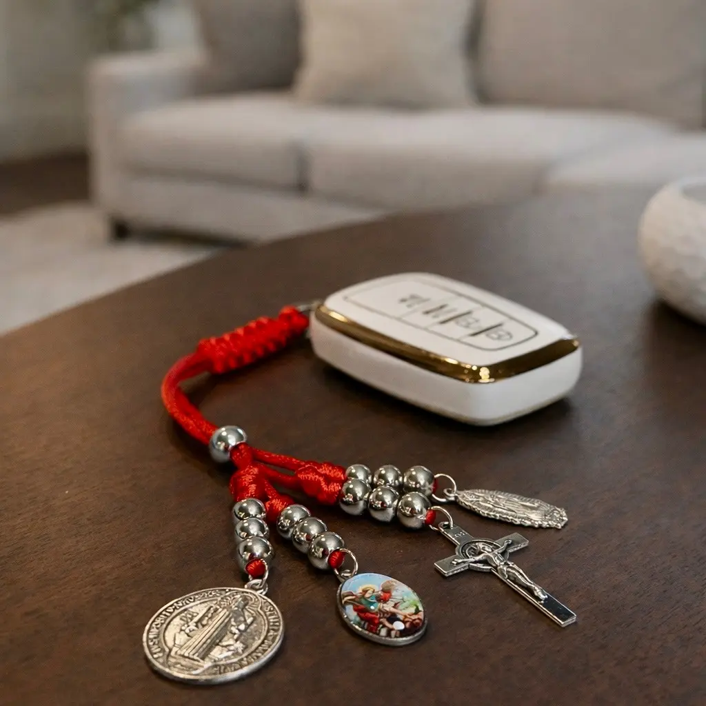 St. Michael Archangel and Saint Benedict  Keychain with Four Medallions, Car Key Chains, Angel Charm Keychains