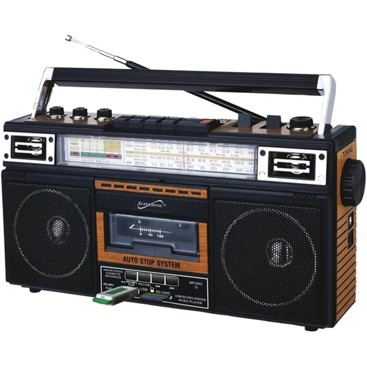 212 MAIN Retro Portable AM/FM Radio and Cassette Player, White with Wood Accents, Bluetooth Audio, MP3 Converter with USB/SD Slot, Battery Powered, Digital, Batteries