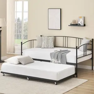 Twin Daybed with Trundle, Twin Size Daybed Frame with Pullout Trundle 6 Casters,Steel Slat Support Guest Sofa Bed for Living Room, Bedroom, Apartment, No Box Spring Needed