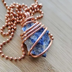 2.4mm Ball Chain Raw Sodalite  Crystal Pendant Necklaces 24 Inches, Thick 14 Gauge Copper Wire Wrapped Jewelry [Made-to-Order]