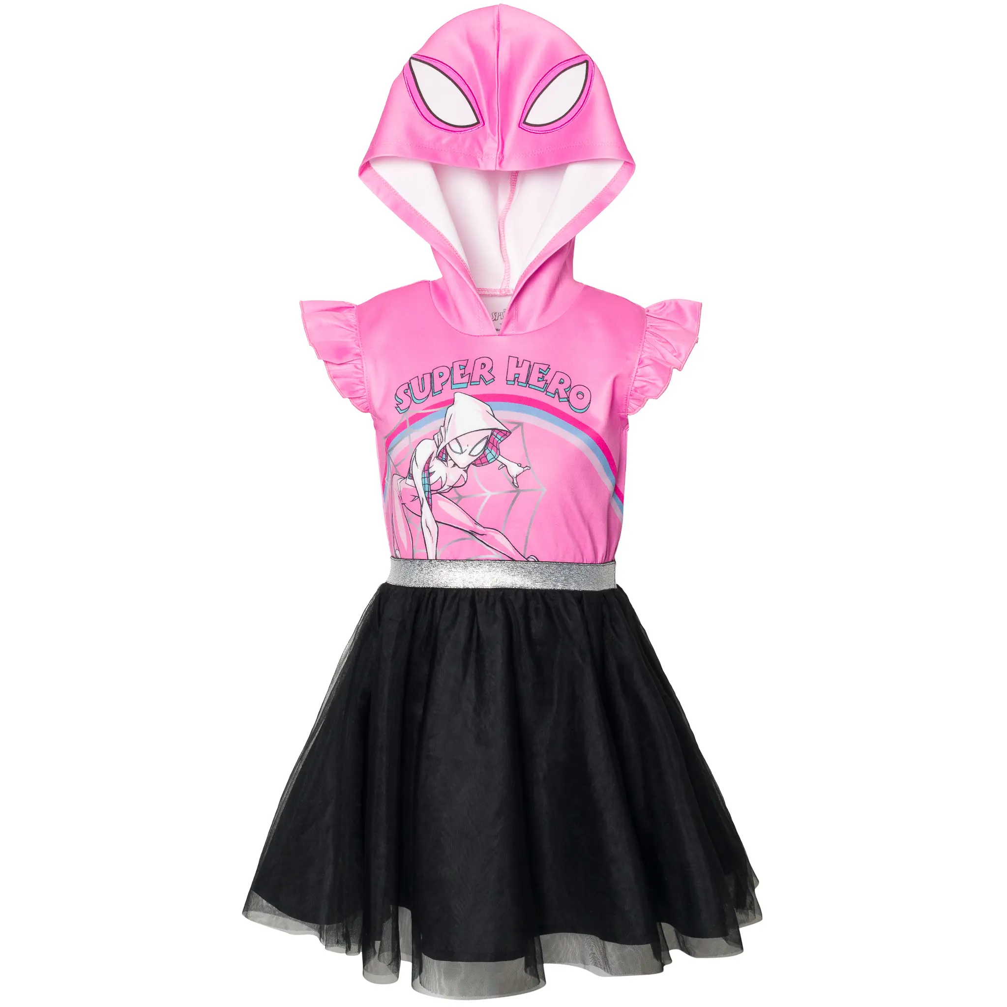 Marvel Ghost-Spider Girls' Graphic Cosplay Costume Hooded Tutu Dress with Tulle Skirt Overlay Ghost Pink Toddler to Big Kid