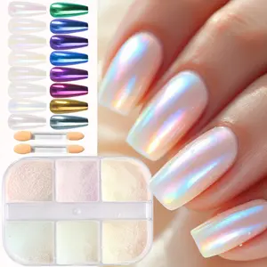 6 Grids Iridescent Pearl Aurora Nail Chrome Pigment - White Purple Blue Light Mirror Mermaid Effect Glitter Powder for Shimmer Manicure Design