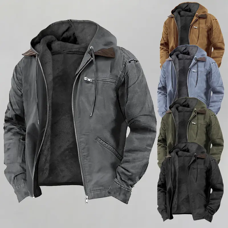 Men Heavy Trucker Jacket Hooded Fleece Lined Winter Warm Zip Front Work Coat Multi Pockets Casual Outerwear