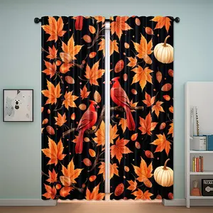 2pcs Autumn Cardinal Pumpkin Leaves Print Thanksgiving Doorway Curtains - Polyester Fabric, Perfect for Thanksgiving Day and Fall-Themed Celebrations, Festive Room Decor | Autumnthemed Decor | Machine Washable Fabric, Curtains for Living Room