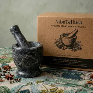 Natural Marble Grinding Mortar and Pestle Set - Kitchen Seasoning Utensil, Kitchen Gadgets with Minor Texture Variations, Slight Cosmetic Imperfections, Unique Natural Whetstone Traits