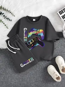 Kids Summer Game Controller Set, Suit, Cartoon Print Tee & Shorts, Casual Style, Fitted Cut, Short Sleeve, Drawstring Design, Trendy Gamer, Clothing Sets