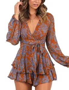 Women's Romper Floral Print V Neck Baggy Sleeve Waist Tie Layered Ruffle Hem Short Casual Summer Rompers