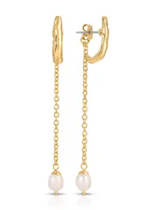 Ettika Linear Luxe Pearl Drop Earrings – 18k Gold & Silver Plated Brass with Freshwater Pearls (2.87")