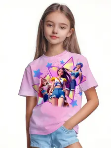 Girls Kpop Series T-Shirts, Dye Star Girl Group Print Casual Short Sleeve, Comfortable Soft Fabric, Kpop Fan Gift, Daily Wear