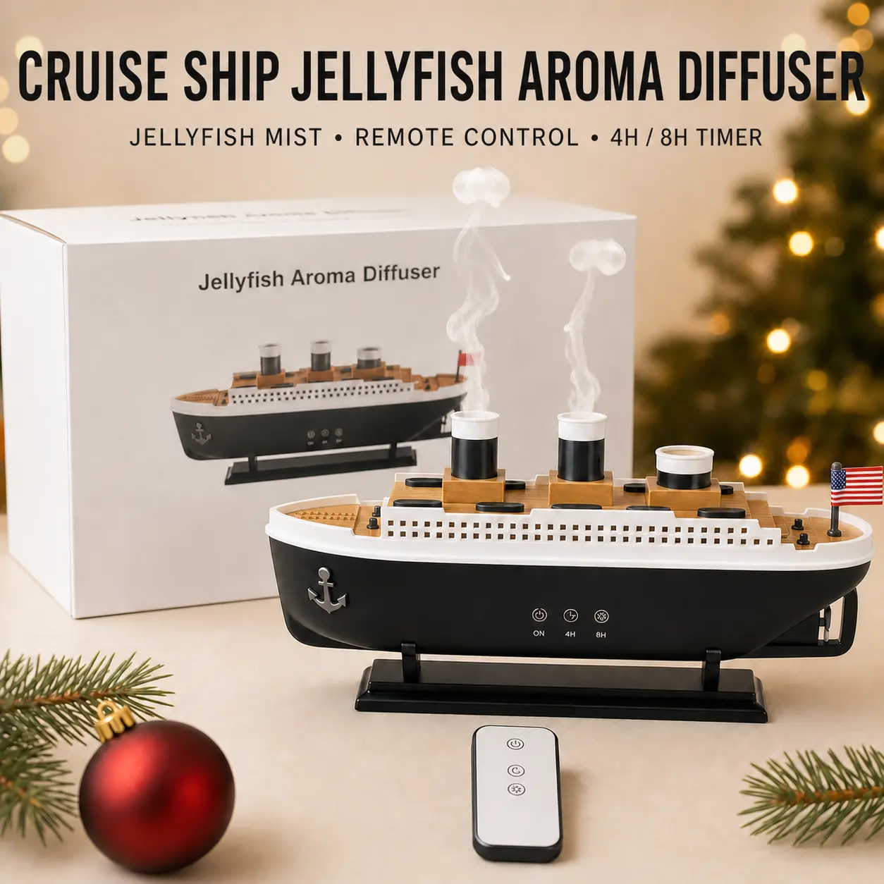 Nautical Theme Ship-Shape Wood-Tone Titanic Ship Jellyfish Mist Diffuser with Remote Control, 4H/8H Timer, LED Lights, Dual Outlets – Home Fragrance, Christmas Gift-Ready Package