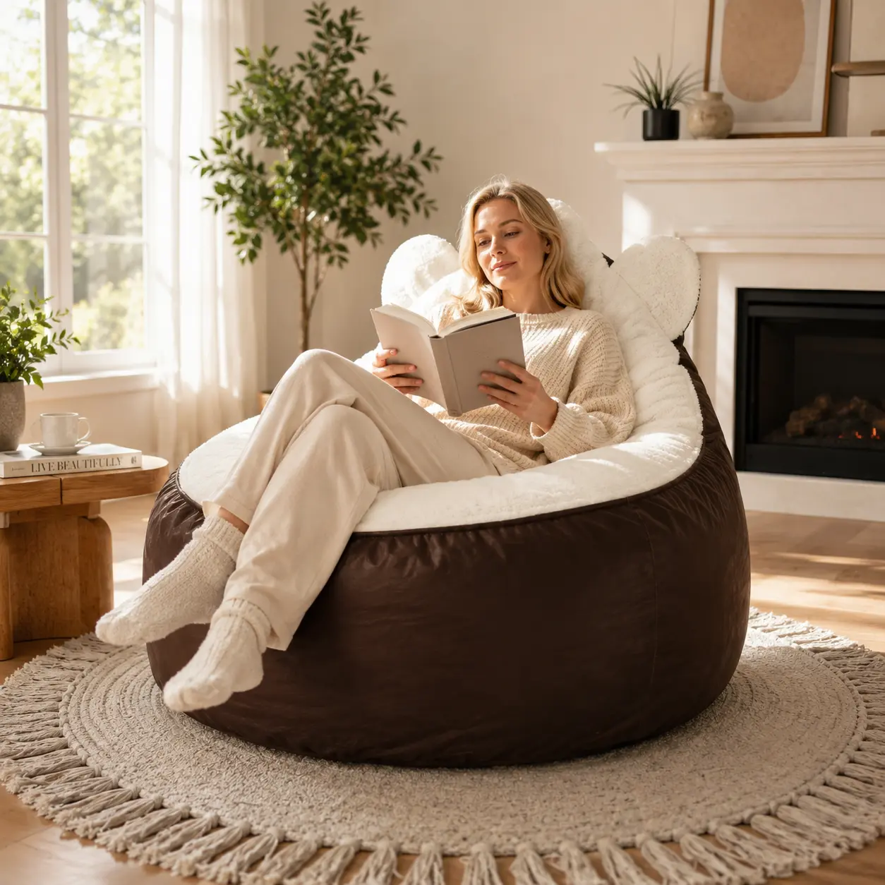 Giant Faux Fur Cat Design Bean Bag Chair for Adults - Cozy Sofa, Comfy Accent Floor Sofa, Velvet Couch, Indoor Lounger, Fully Assembled, No Fire Safety Label, Traditional Living Room/Bedroom Seat for Reading/Relaxing, Lazy Cloud Sofa