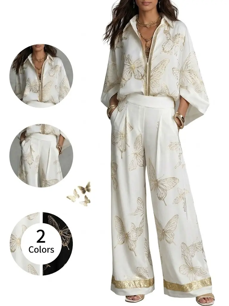 Women's Trendy Butterfly Print 2-Piece Matching Set - Loose Kimono Sleeve Blouse & Flowy Wide Leg Pants Outfit | Viral Fall Fashion & Resortwear