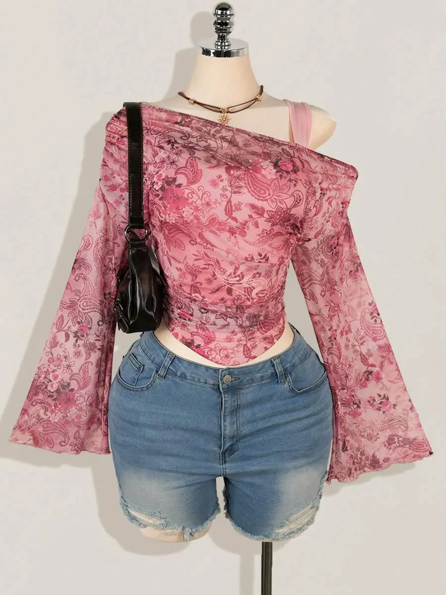 CurveHaus ICON Plus Size Oblique Shoulder Mesh Sheer Netted Knit T-Shirt Paisley Print See-Through Long Sleeve Top Autumn Vacation Pink Floral Sexy 80s 90s