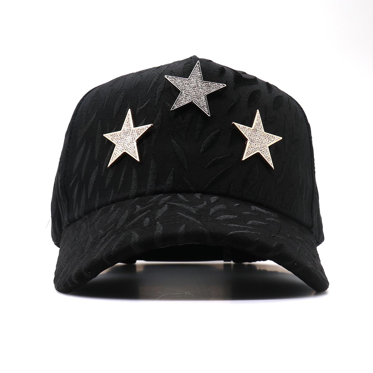 Streetwear Bling Cap with Triple Star Rhinestone Studs, Adjustable Hip Hop Snapback with Embossed Texture