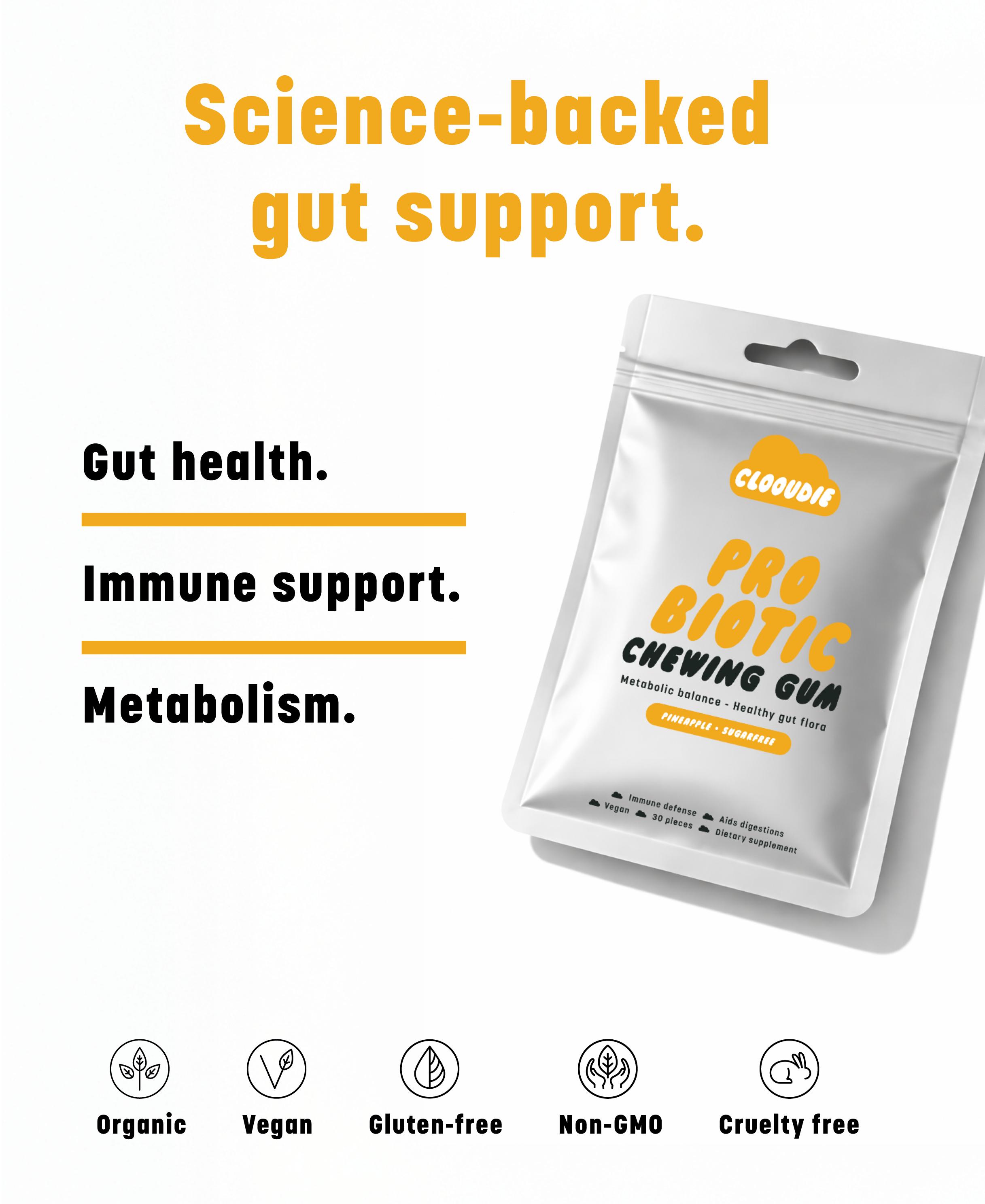 Clooudie Probiotic Chewing Gum, Pineapple Flavor, 30 Gum, Gut & Digestive Wellness Supports, Clinically Tested, Vegan, Non-GMO & Sugar-Free Clooudie Probiotic Chewing Gum, Pineapple Flavor, 30 Gum, Gut & Digestive Wellness Supports, Clinically Tested, Vegan, Non-GMO & Sugar-Free