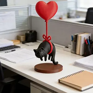 Romantic Floating Cat Figurine with Heart Balloon, Hanging Cat Statue for Desk, Nightstand, Bookshelf, Entryway and Bedroom Display, Sweet Couple Home Decor