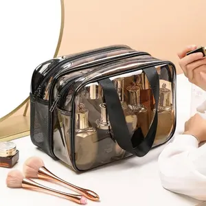 Large Clear Waterproof Makeup Bag for Toiletries - Transparent Makeup Bag with Double Zipper Design - TSA Compliant Carry-On for Men and Women - Stylish Black Trim Home Travel Essential valentines gift for girlfriend travel makeup bag