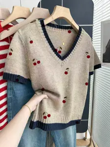Casual Loose V-Neck Short Sleeve Colorblock Cherry Print Knit Top, Ideal for Spring Summer, Women's Fashion Sweater Cardigan