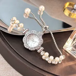 Elegant French Romantic Pearl Bracelet Watch – Floral Diamond Inlay