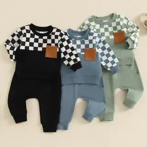 Baby Boy 2Pcs Fall Winter Clothes 6 12 18 Months 2T 3T 4T Toddler Checkered Outfit Long Sleeve Pocket Sweatshirt Top Solid Jogger Pants Set