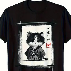 Men's Fierce Samurai Cat Japanese Calligraphy Graphic Cotton T-Shirt, Trendy Casual Crew Neck Tee Ideal Holiday Gift