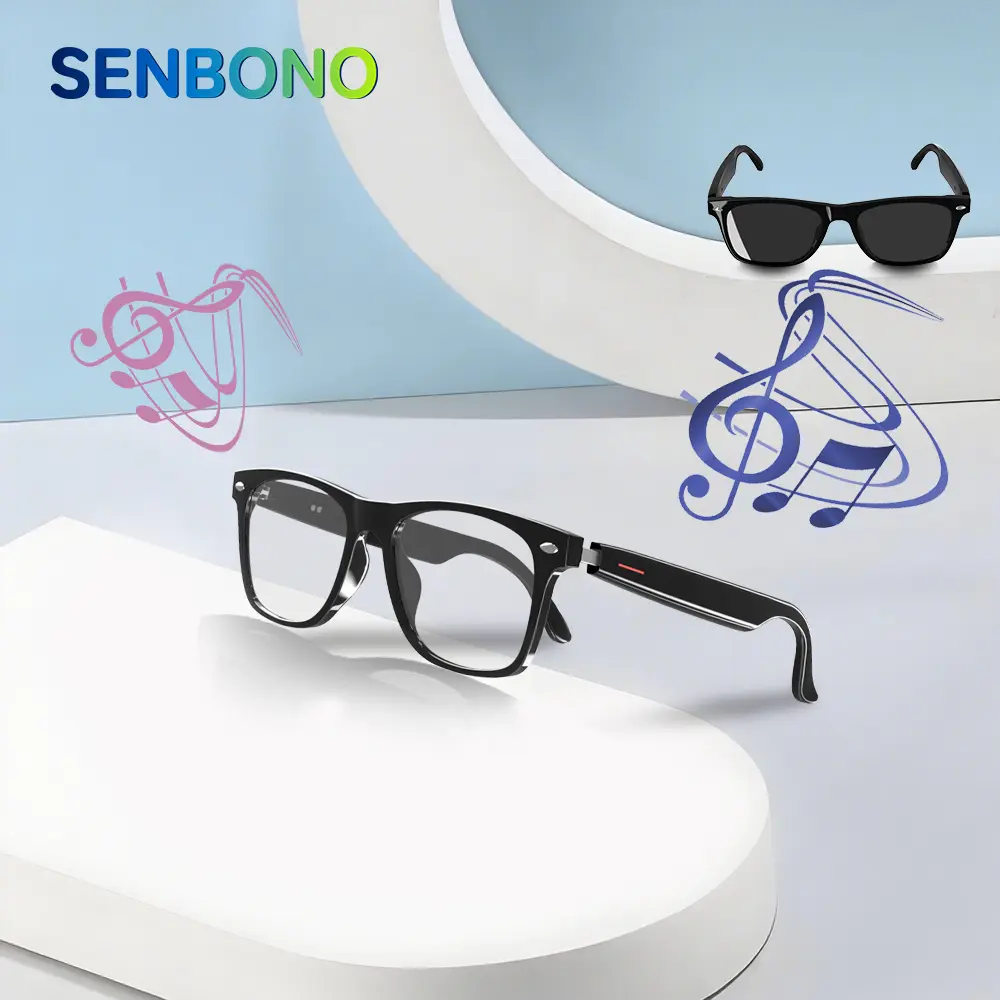 SENBONO E13 Round Casual Smart Glasses (e13-sunglasses) with Camera, Headphones, IP65, Boating Use - Magnetic Charging, Bluetooth Voice Control, Wireless Phone Calls, Remote Photography, Cells Compatibility, Android & iOS Support