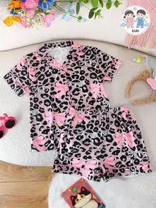 2-Piece Summer Kids Pajama Set, Button Front Short Sleeve Cardigan & Elastic Shorts, Soft Fabric, Leopard Bow Print, Casual Home Wear