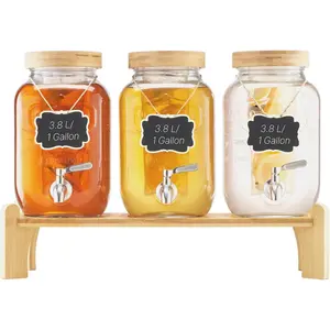 VEVOR Beverage Dispenser, 3 Pack 1 Gallon Drink Dispensers for Parties, Glass Juice Dispenser with Wood Stand, Stainless Steel Spigot, Infuser, Iced Tea Lemonade Juice Water Dispensers for Parties