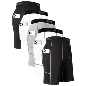5pcs Men's Compression Sports Shorts with Pockets, Breathable Quick-Dry Performance Jeggings for Outdoor Fitness Training Running Basketball, Polyester 90% Spandex 10%, Solid Color, Medium Stretch, Skinny Fit, Four Seasons Athletic Wear, Fitness Apparel |